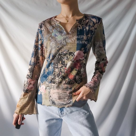 y2k boho fairy patchwork faux suede flare sleeve blouse top by one world - Picture 3 of 9